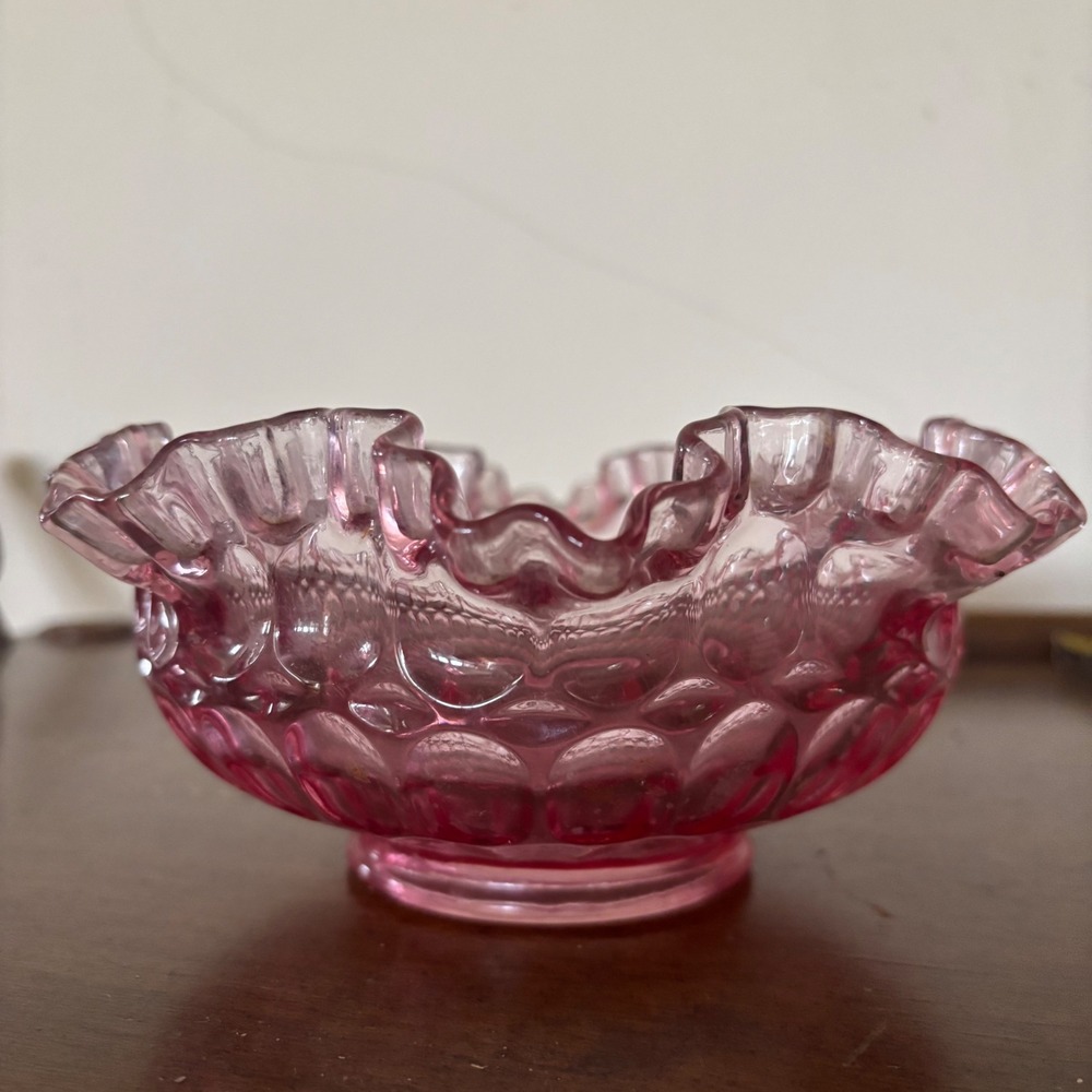Vintage Pink Thumbprint Ruffled Glass Bowl Footed Candy Dish 5.5 Inch - Picture 2 of 4